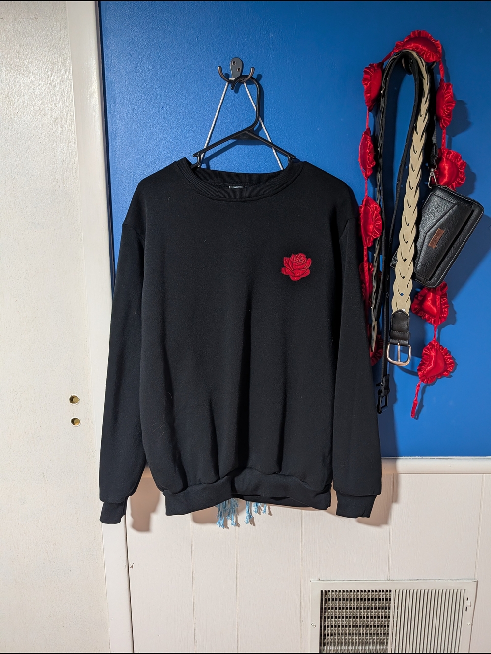 Original Deluxe Black Crewneck Sweater with Red Rose Patch